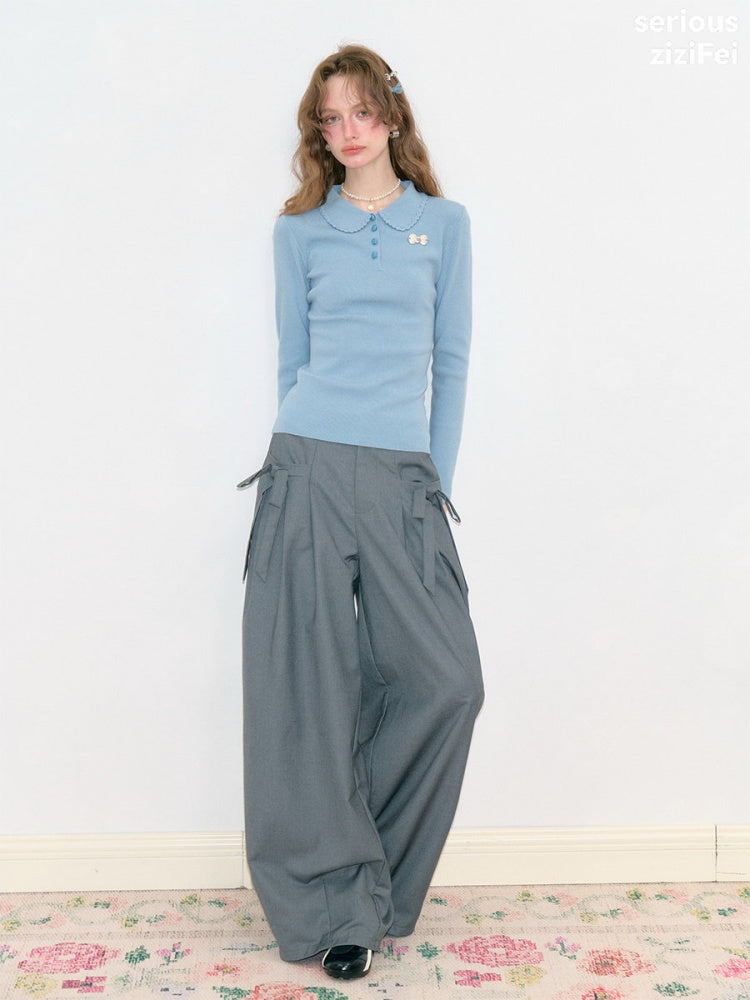 Milky Blue Doll Polo Collar Slimming Long-Sleeve Knit Tops【s0000018772】