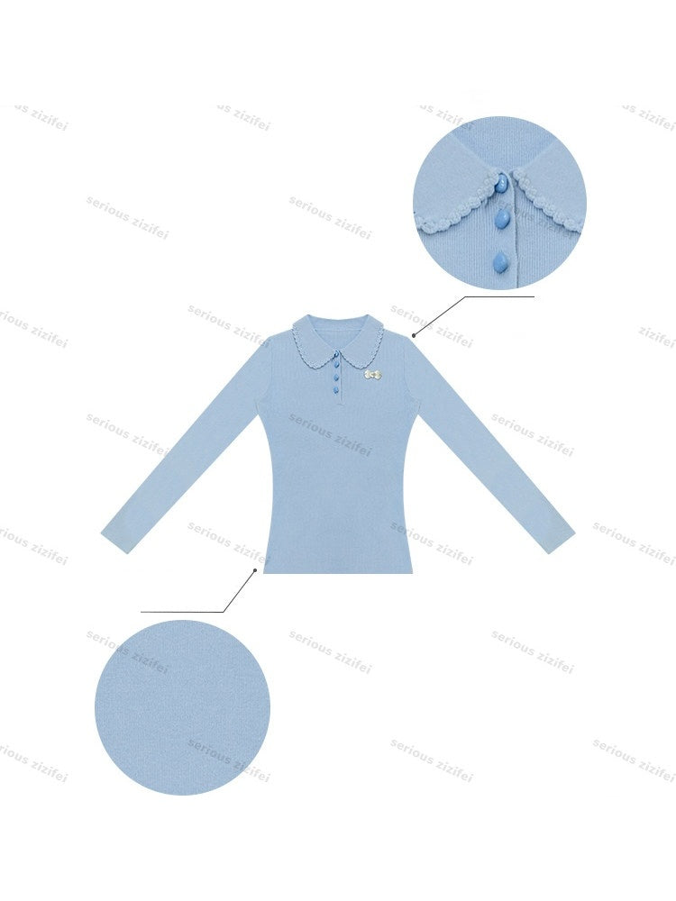 Milky Blue Doll Polo Collar Slimming Long-Sleeve Knit Tops【s0000018772】