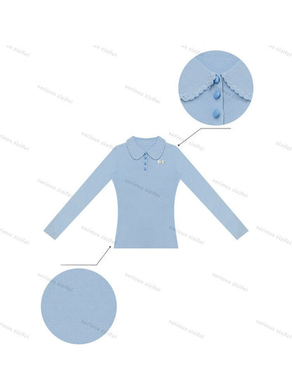 Milky Blue Doll Polo Collar Slimming Long-Sleeve Knit Tops【s0000018772】