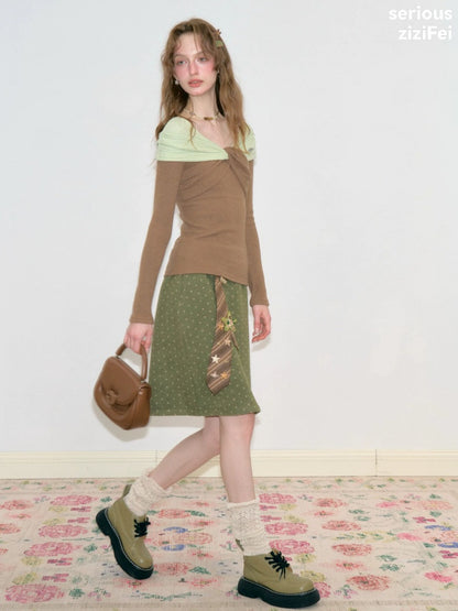 American Vintage Lazy Polka Dot High-Waist Slimming Green Pencil Skirt【s0000018773】