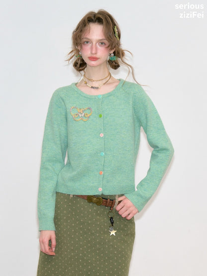 Vintage Butterfly Embroidery Soft Slimming Green Knit Cardigan【s0000018774】