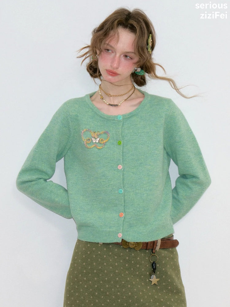 Vintage Butterfly Embroidery Soft Slimming Green Knit Cardigan【s0000018774】