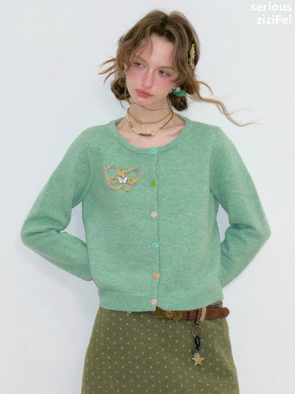 Vintage Butterfly Embroidery Soft Slimming Green Knit Cardigan【s0000018774】