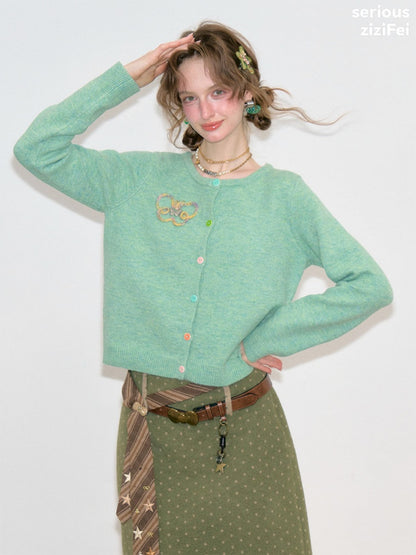 Vintage Butterfly Embroidery Soft Slimming Green Knit Cardigan【s0000018774】