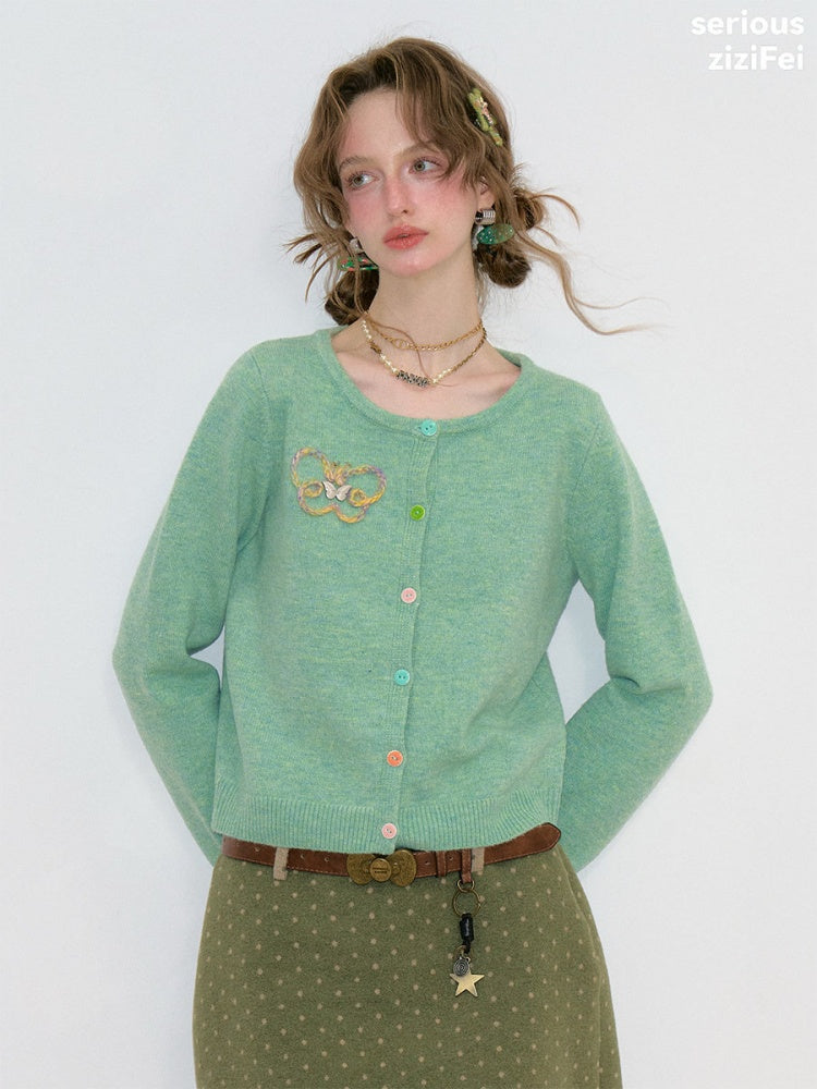 Vintage Butterfly Embroidery Soft Slimming Green Knit Cardigan【s0000018774】