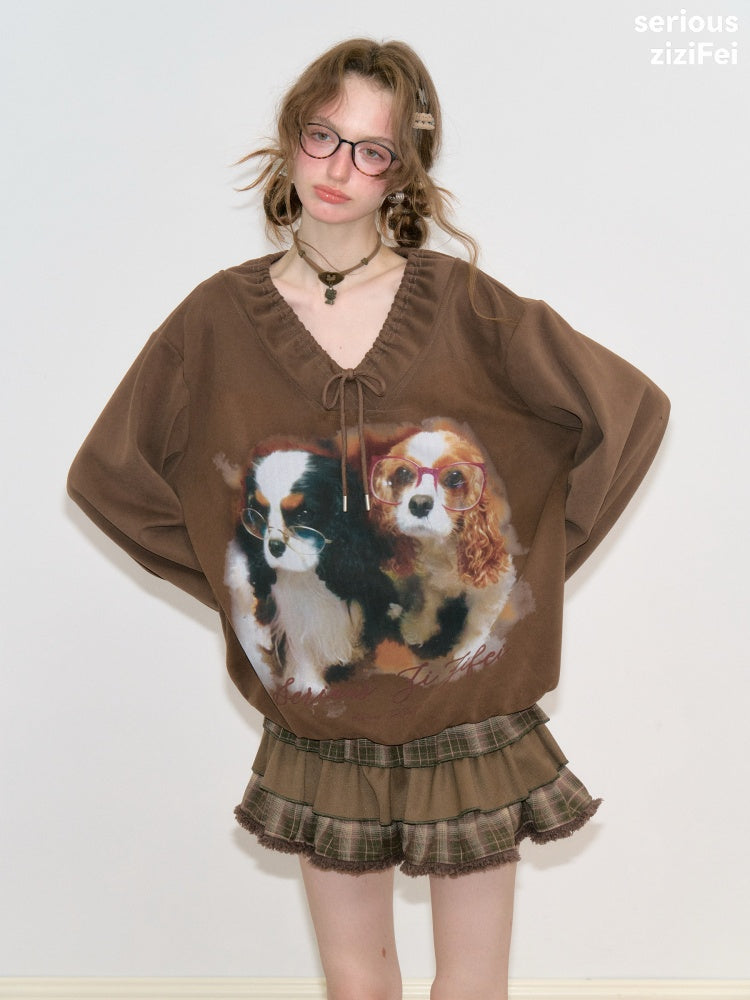 Brown Lace V-Neck Cute Dog Print Lace Lazy Style Sweatshirt【s0000018775】