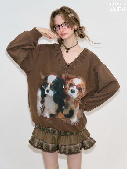 Brown Lace V-Neck Cute Dog Print Lace Lazy Style Sweatshirt【s0000018775】