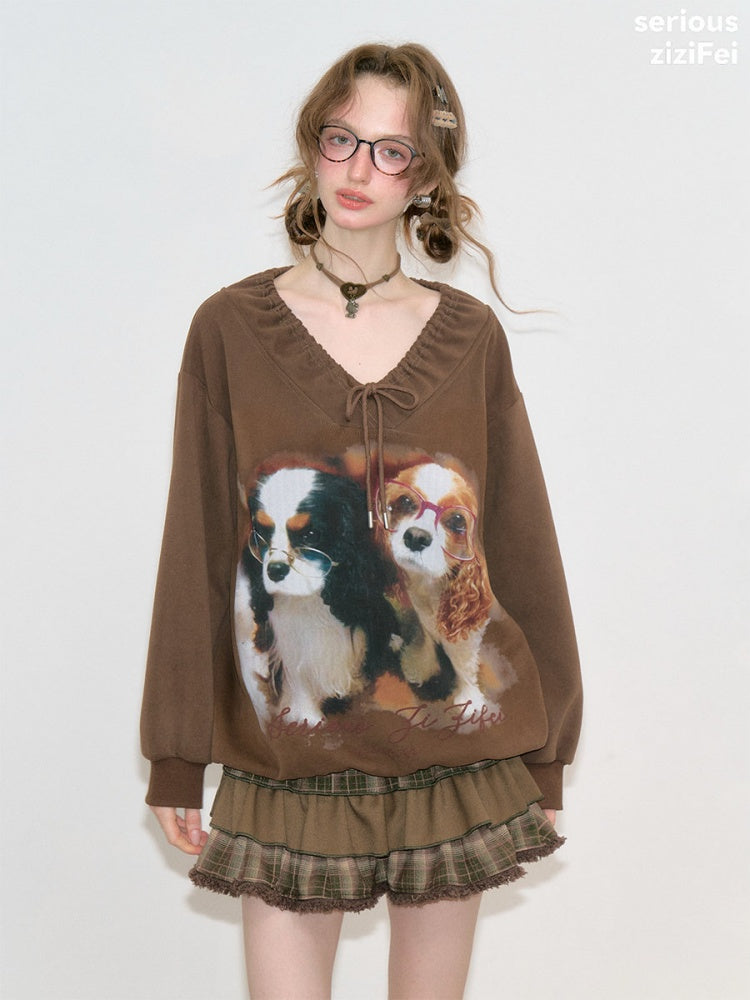 Brown Lace V-Neck Cute Dog Print Lace Lazy Style Sweatshirt【s0000018775】