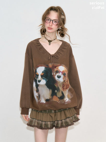 Brown Lace V-Neck Cute Dog Print Lace Lazy Style Sweatshirt【s0000018775】