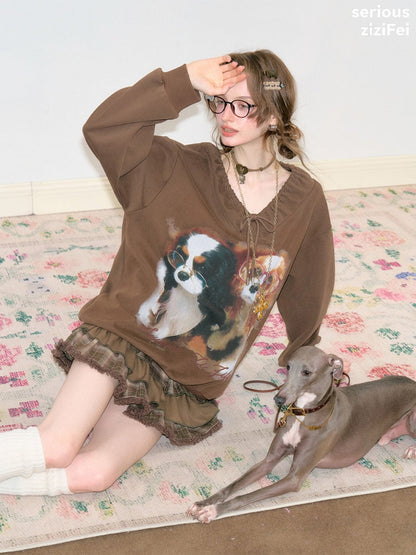 Brown Lace V-Neck Cute Dog Print Lace Lazy Style Sweatshirt【s0000018775】