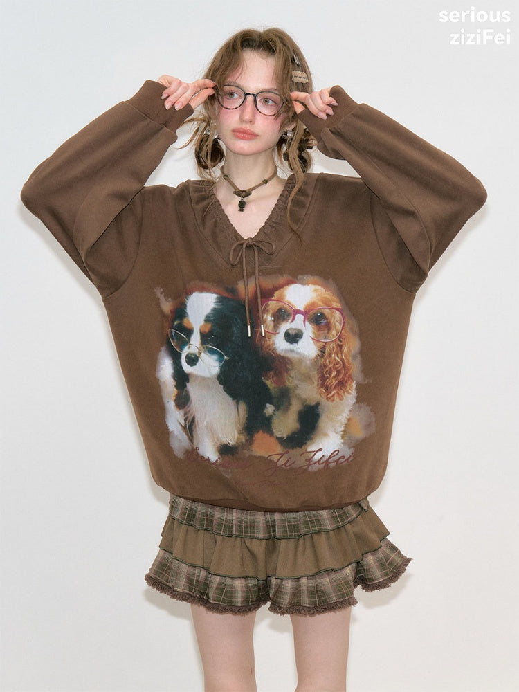 Brown Lace V-Neck Cute Dog Print Lace Lazy Style Sweatshirt【s0000018775】