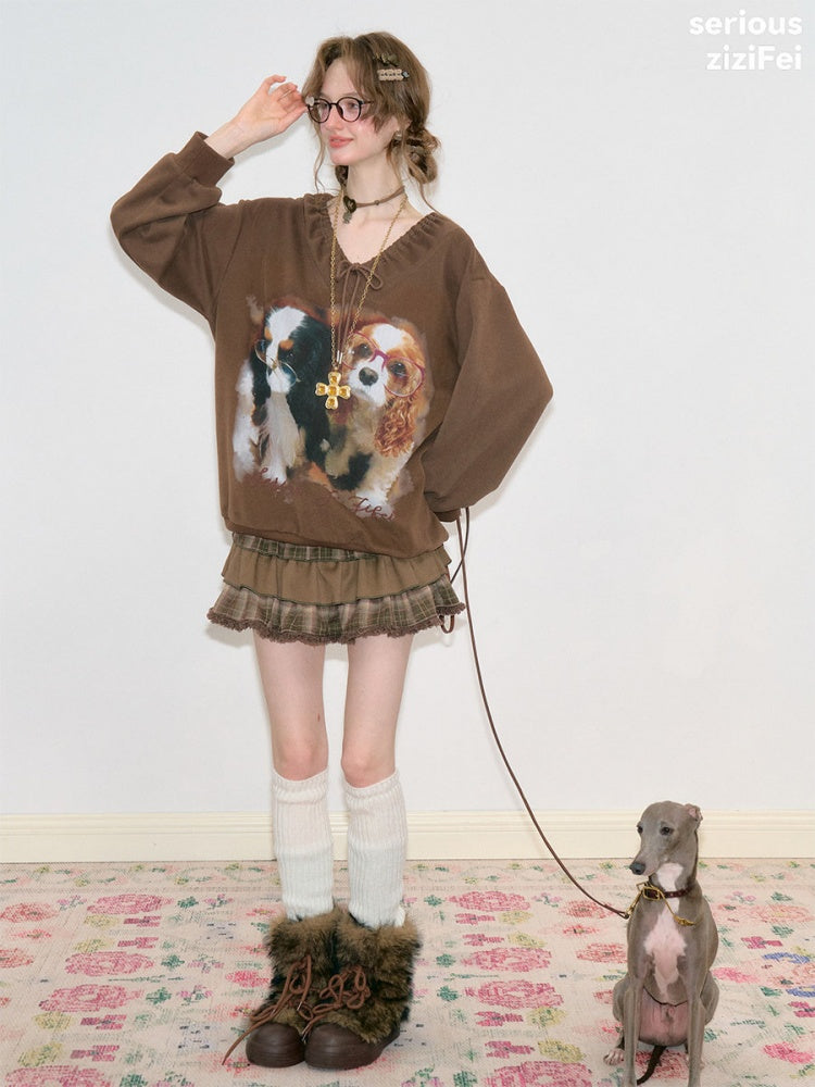 Brown Lace V-Neck Cute Dog Print Lace Lazy Style Sweatshirt【s0000018775】