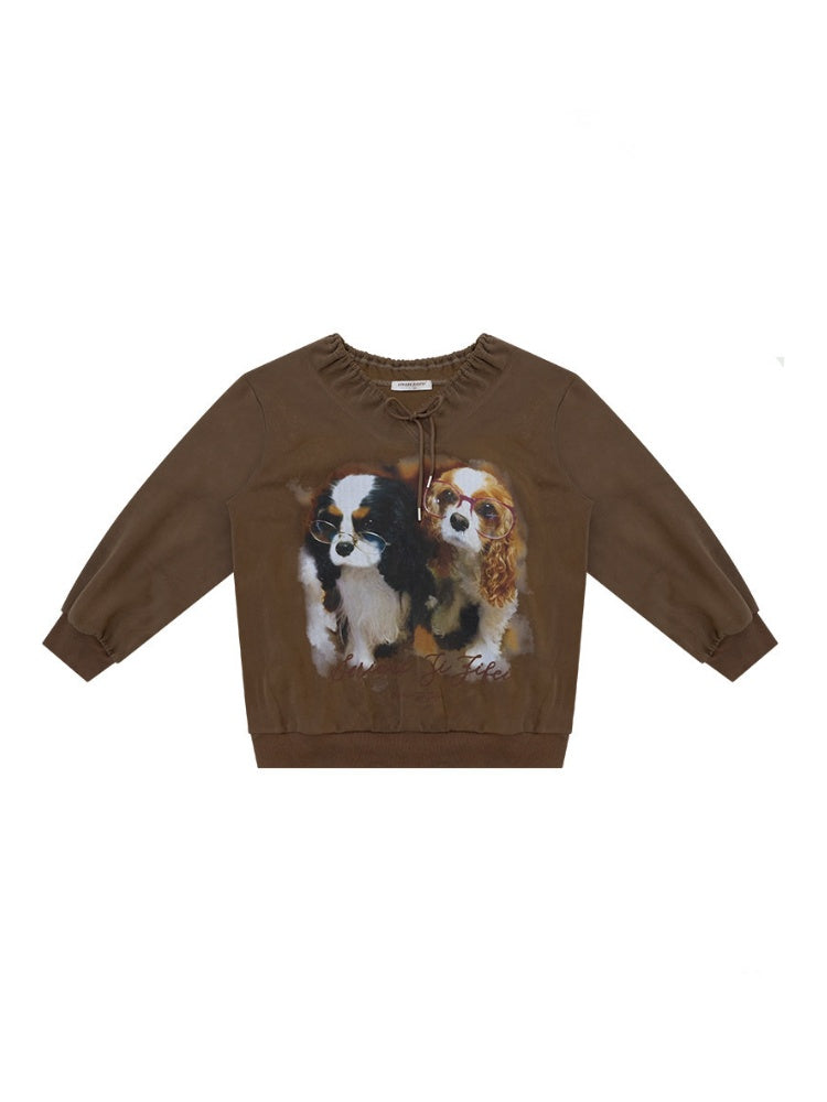 Brown Lace V-Neck Cute Dog Print Lace Lazy Style Sweatshirt【s0000018775】