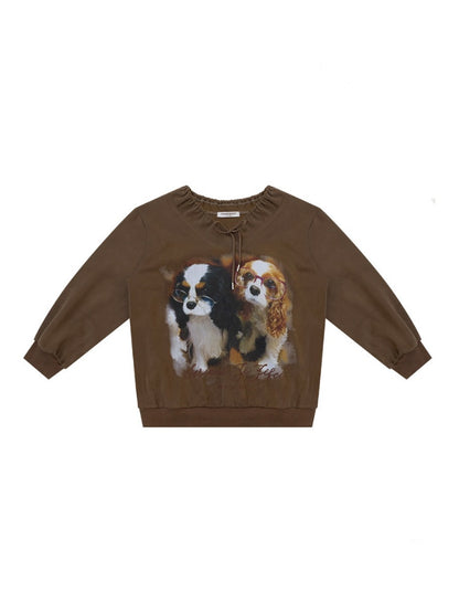 Brown Lace V-Neck Cute Dog Print Lace Lazy Style Sweatshirt【s0000018775】