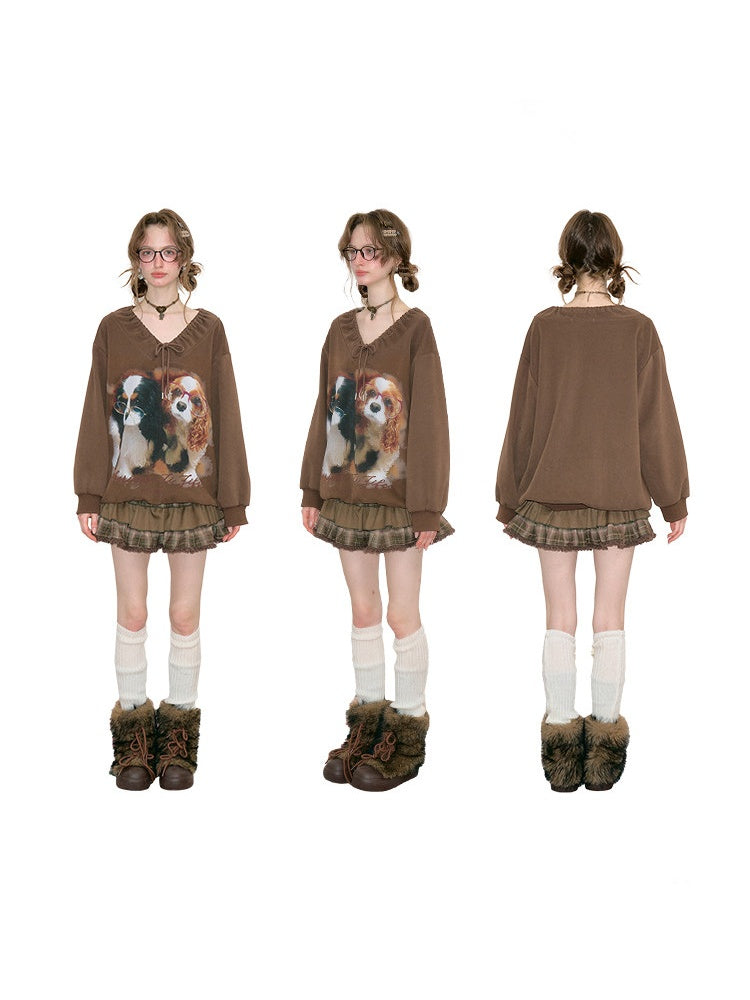 Brown Lace V-Neck Cute Dog Print Lace Lazy Style Sweatshirt【s0000018775】