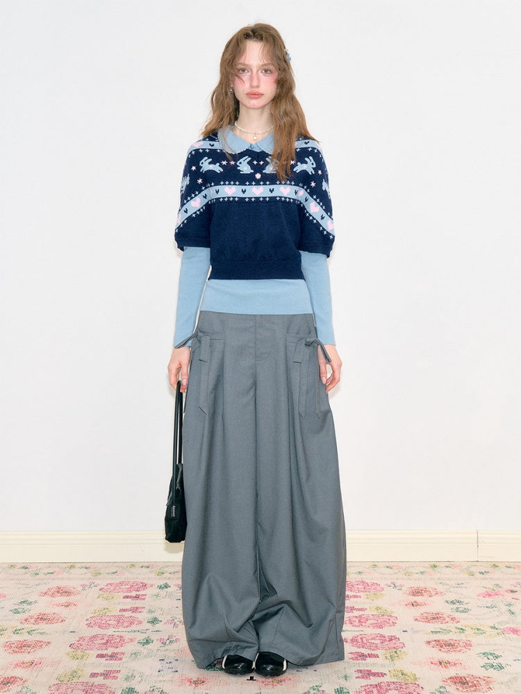 Bow Deep Gray Drape High-Waisted Wide-Leg Suit Casual Pants【s0000018778】