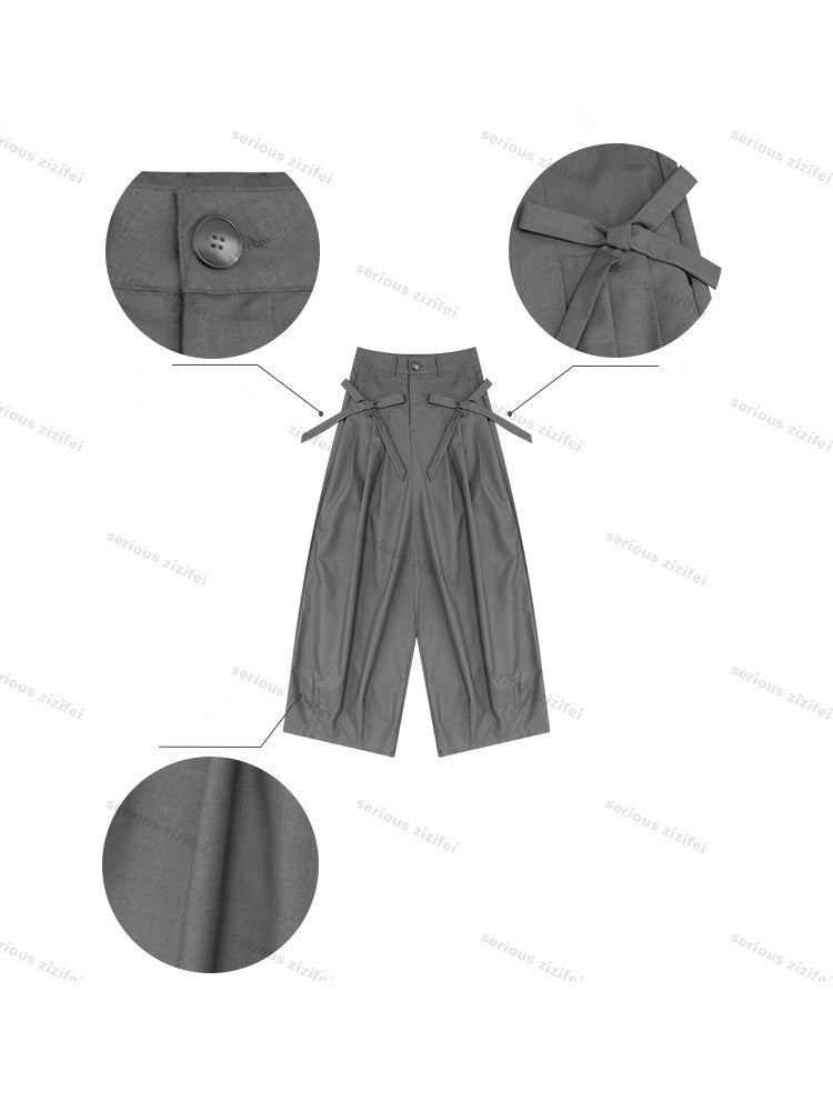 Bow Deep Gray Drape High-Waisted Wide-Leg Suit Casual Pants【s0000018778】