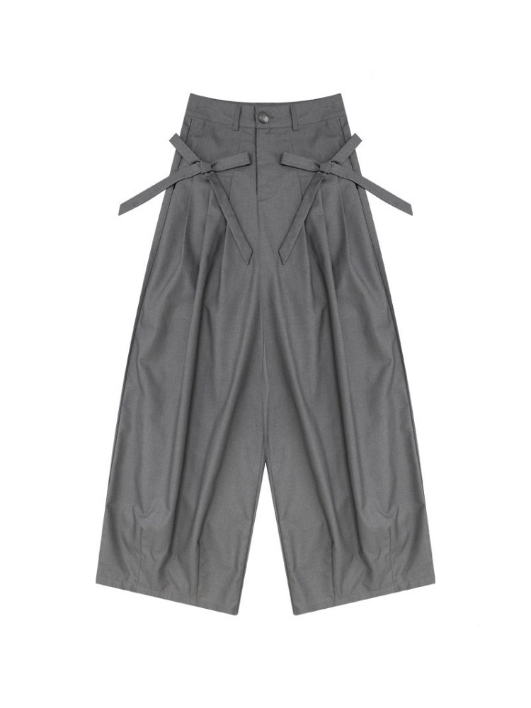 Bow Deep Gray Drape High-Waisted Wide-Leg Suit Casual Pants【s0000018778】