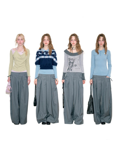 Bow Deep Gray Drape High-Waisted Wide-Leg Suit Casual Pants【s0000018778】