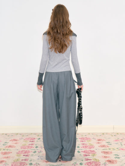 Bow Deep Gray Drape High-Waisted Wide-Leg Suit Casual Pants【s0000018778】