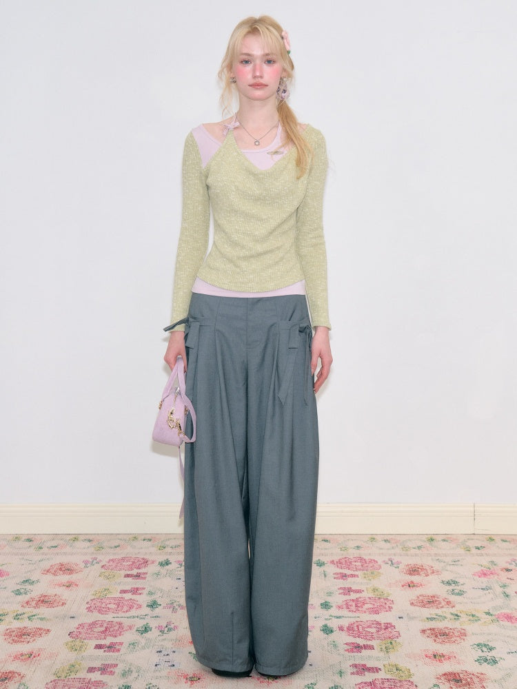 Bow Deep Gray Drape High-Waisted Wide-Leg Suit Casual Pants【s0000018778】