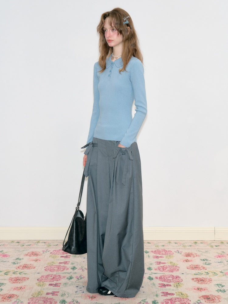Bow Deep Gray Drape High-Waisted Wide-Leg Suit Casual Pants【s0000018778】