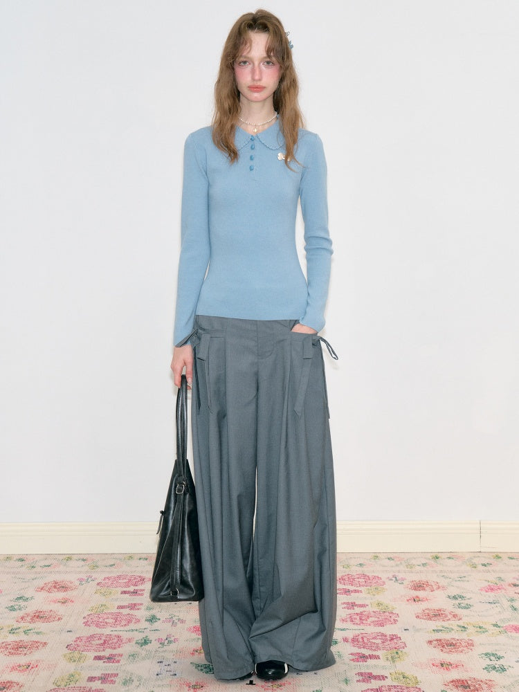 Bow Deep Gray Drape High-Waisted Wide-Leg Suit Casual Pants【s0000018778】