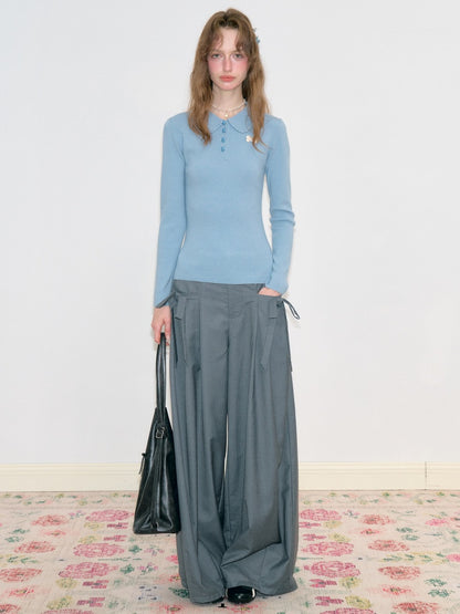 Bow Deep Gray Drape High-Waisted Wide-Leg Suit Casual Pants【s0000018778】