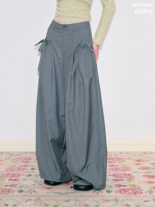 Bow Deep Gray Drape High-Waisted Wide-Leg Suit Casual Pants【s0000018778】
