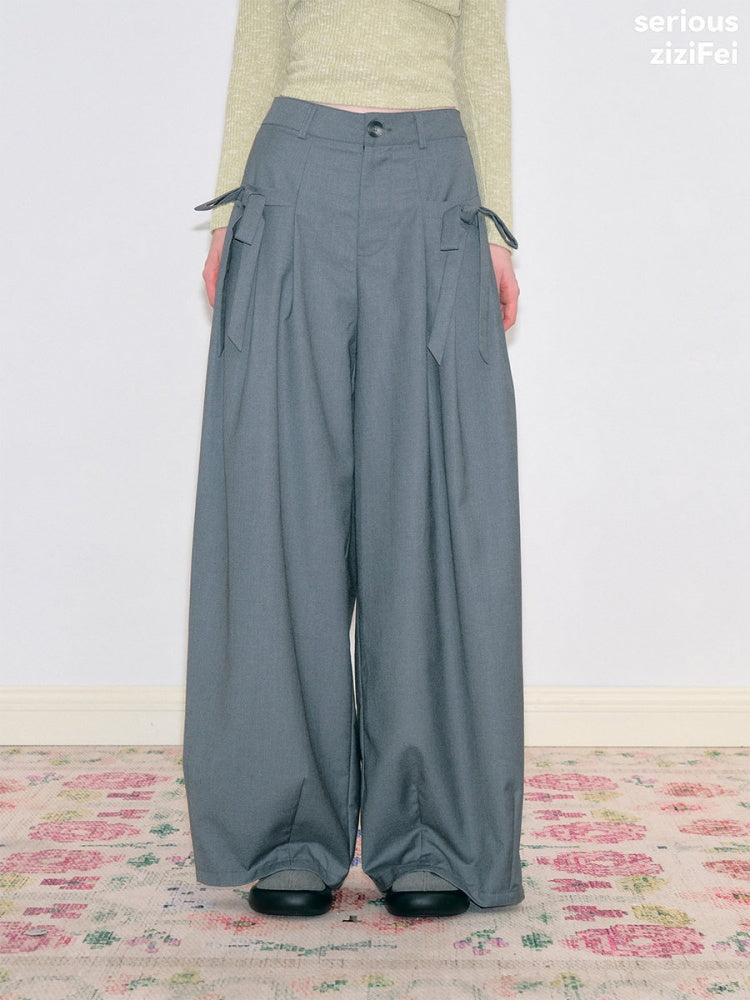 Bow Deep Gray Drape High-Waisted Wide-Leg Suit Casual Pants【s0000018778】