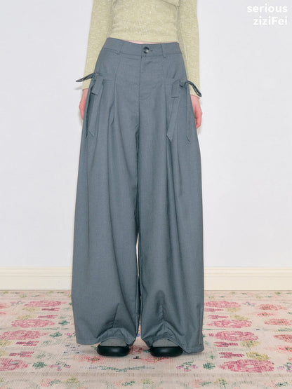 Bow Deep Gray Drape High-Waisted Wide-Leg Suit Casual Pants【s0000018778】