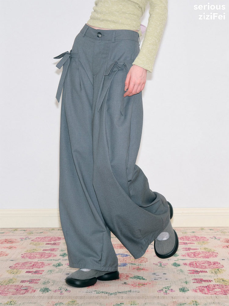 Bow Deep Gray Drape High-Waisted Wide-Leg Suit Casual Pants【s0000018778】