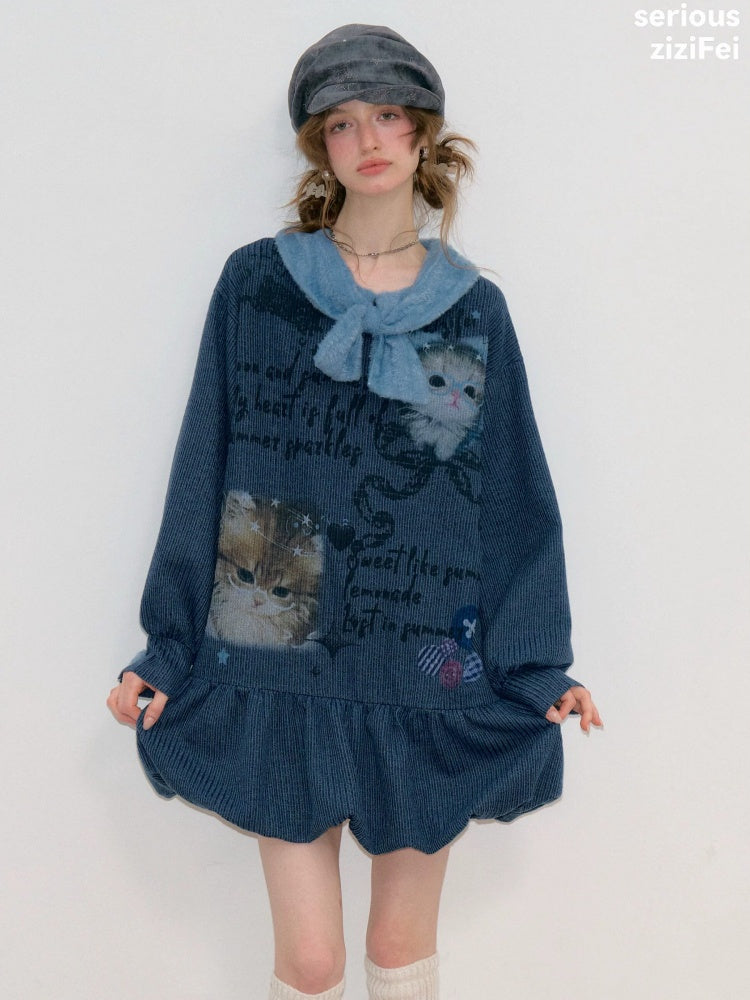 Navy Bow Collar Cute Cat Print Sweater Knit Dress【s0000018780】