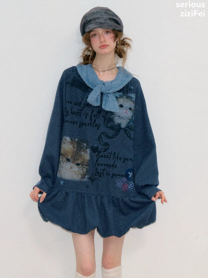 Navy Bow Collar Cute Cat Print Sweater Knit Dress【s0000018780】