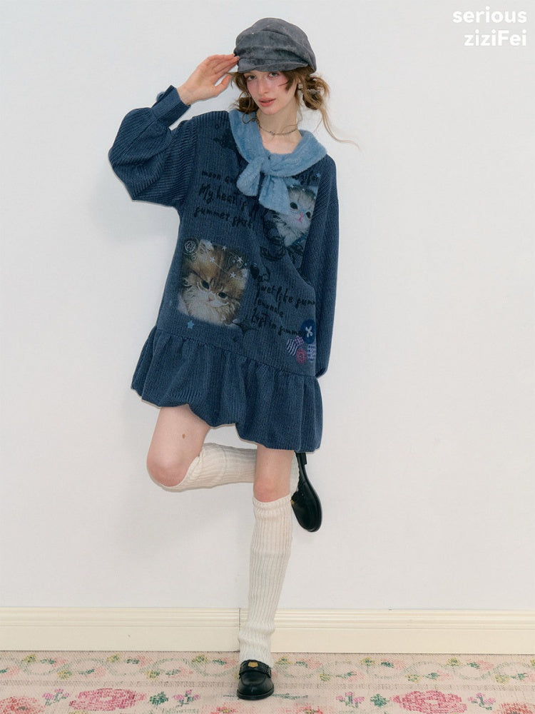 Navy Bow Collar Cute Cat Print Sweater Knit Dress【s0000018780】