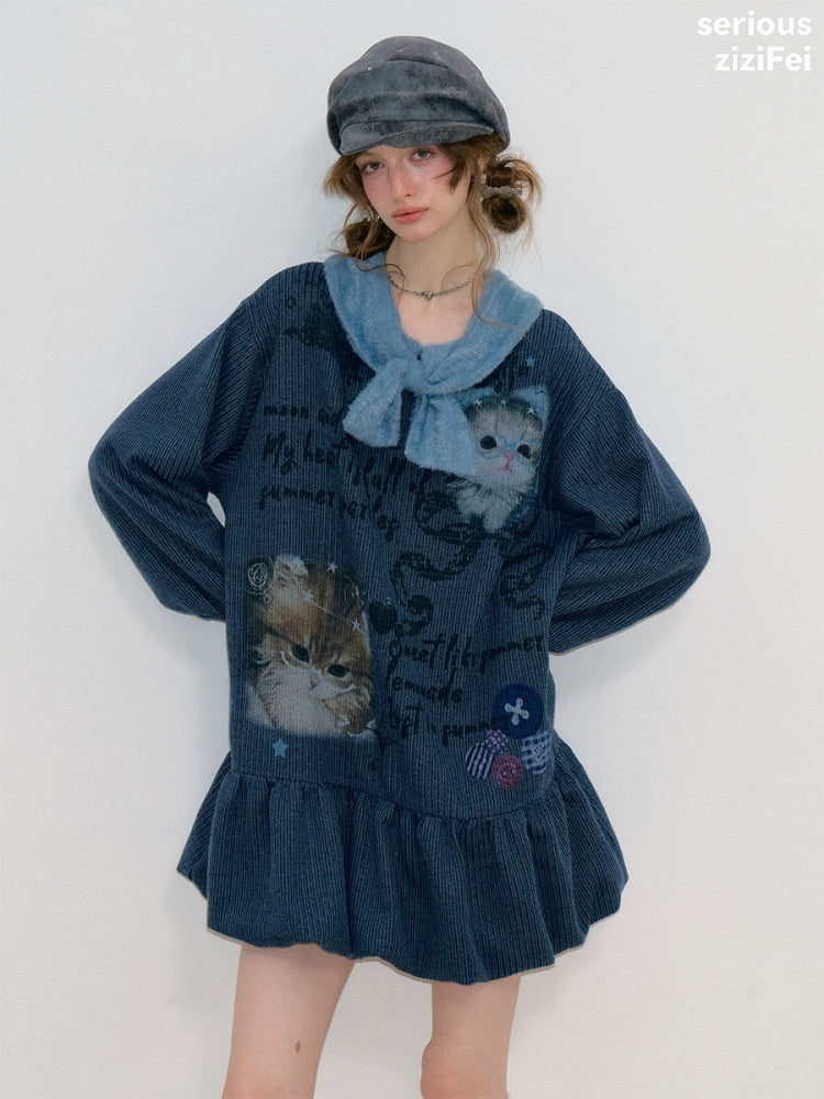 Navy Bow Collar Cute Cat Print Sweater Knit Dress【s0000018780】