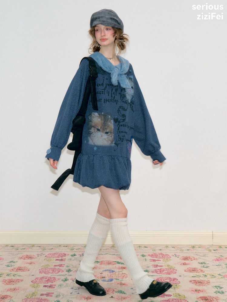 Navy Bow Collar Cute Cat Print Sweater Knit Dress【s0000018780】