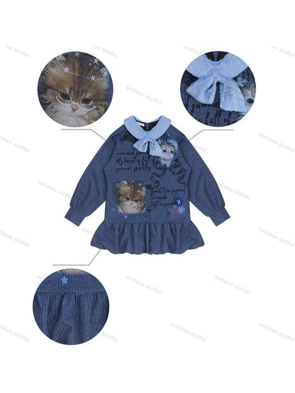 Navy Bow Collar Cute Cat Print Sweater Knit Dress【s0000018780】