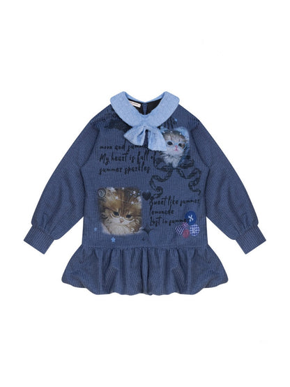Navy Bow Collar Cute Cat Print Sweater Knit Dress【s0000018780】