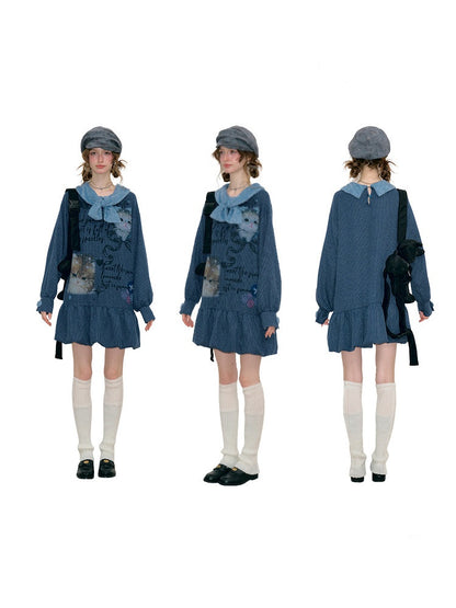 Navy Bow Collar Cute Cat Print Sweater Knit Dress【s0000018780】