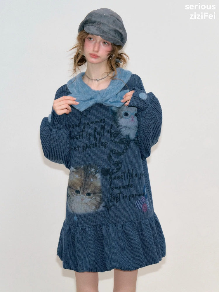 Navy Bow Collar Cute Cat Print Sweater Knit Dress【s0000018780】