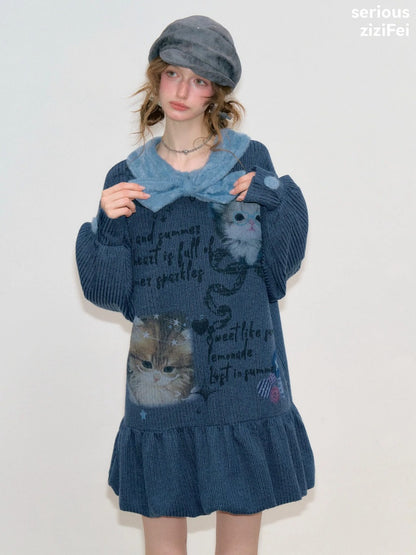 Navy Bow Collar Cute Cat Print Sweater Knit Dress【s0000018780】
