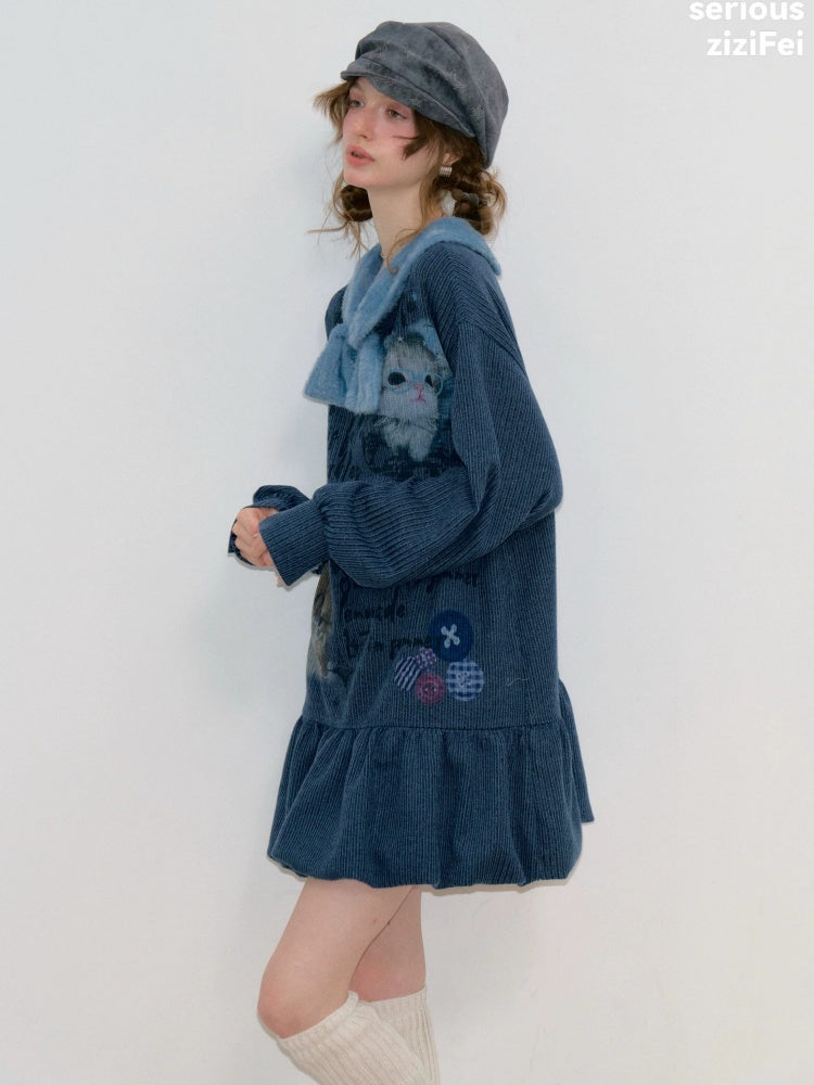 Navy Bow Collar Cute Cat Print Sweater Knit Dress【s0000018780】