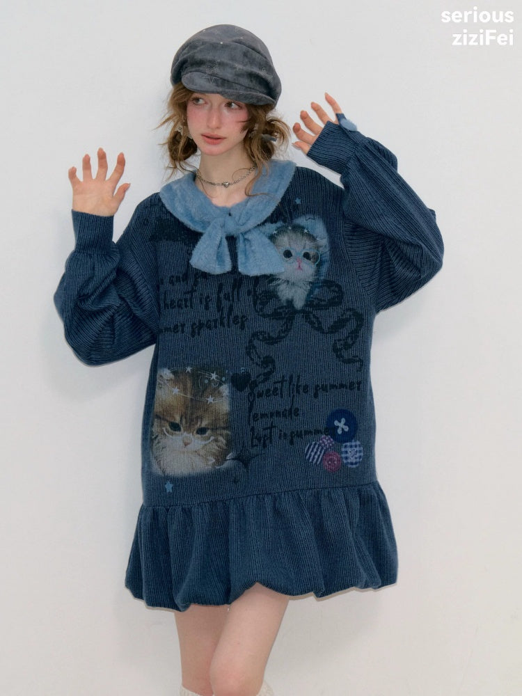 Navy Bow Collar Cute Cat Print Sweater Knit Dress【s0000018780】