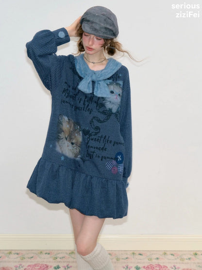 Navy Bow Collar Cute Cat Print Sweater Knit Dress【s0000018780】