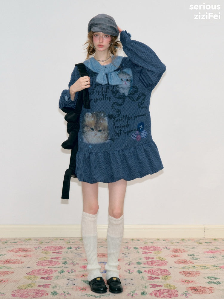 Navy Bow Collar Cute Cat Print Sweater Knit Dress【s0000018780】
