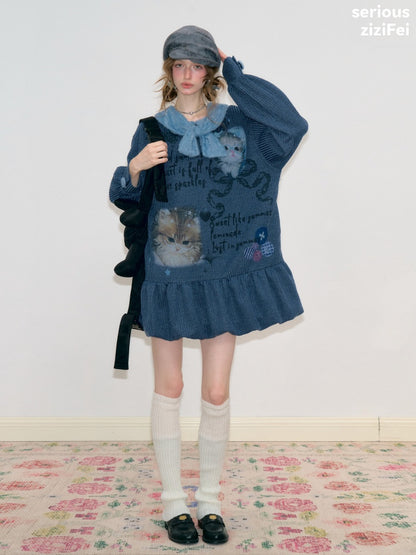 Navy Bow Collar Cute Cat Print Sweater Knit Dress【s0000018780】