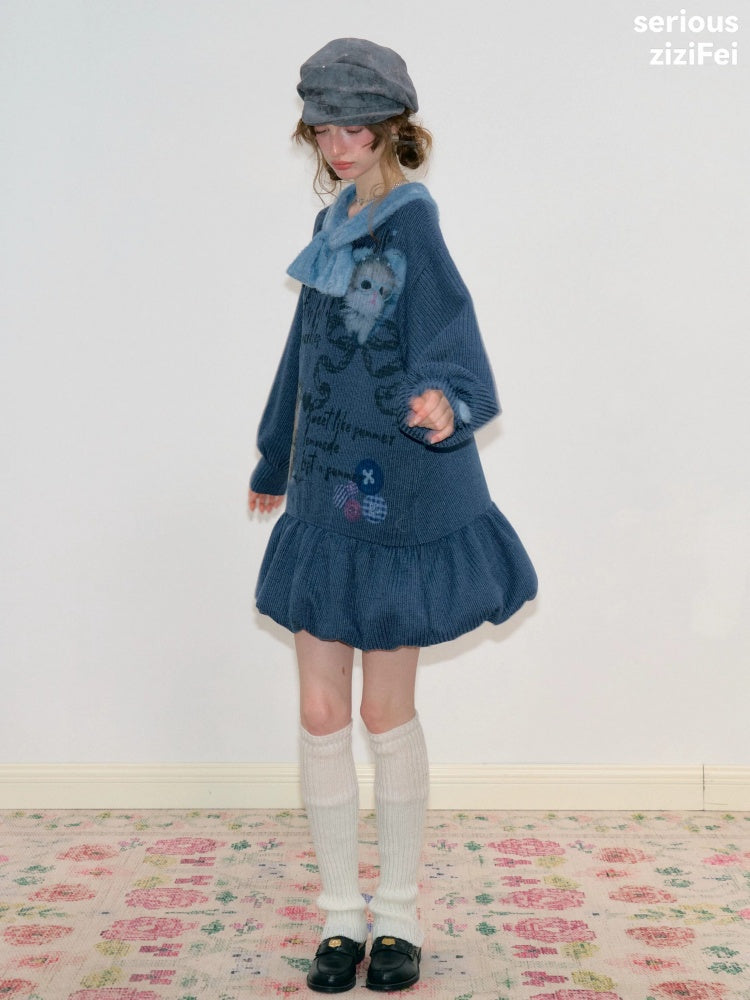 Navy Bow Collar Cute Cat Print Sweater Knit Dress【s0000018780】