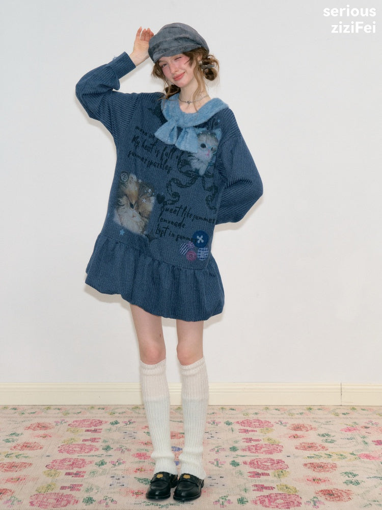 Navy Bow Collar Cute Cat Print Sweater Knit Dress【s0000018780】