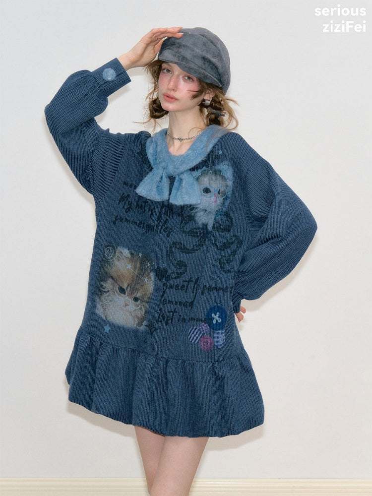 Navy Bow Collar Cute Cat Print Sweater Knit Dress【s0000018780】